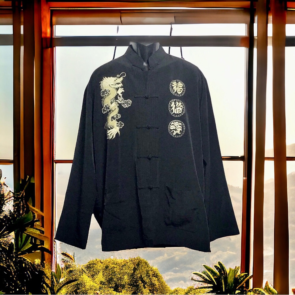 Asian Tang Vintage Jacket Black Silk Gold Embroidered Dragon M/L
